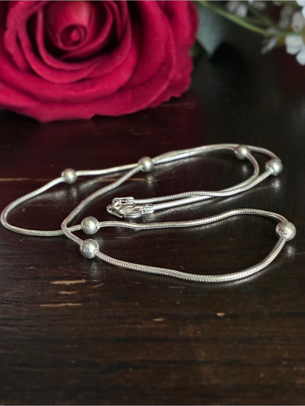 925 Sterling Bead Snake Chain Necklace in Silver 15” - Picture 2 of 6